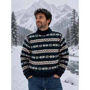 Vintage Purple Mountain Men's Sweater Nordic Fair Isle 100% Wool Heavy M/L